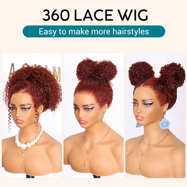 Reddish Brown Kinky Curly Invisi Strap Snug Fit 360 Melting Lace Frontal Bleached Knots Glueless Lace Wig