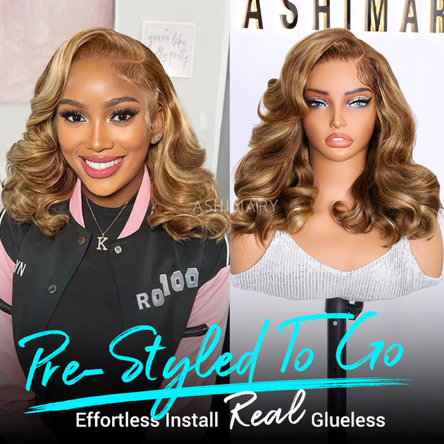 Blonde Highlight Pre-Styled Body Wave Ready To Go Glueless Layer Wavy ...