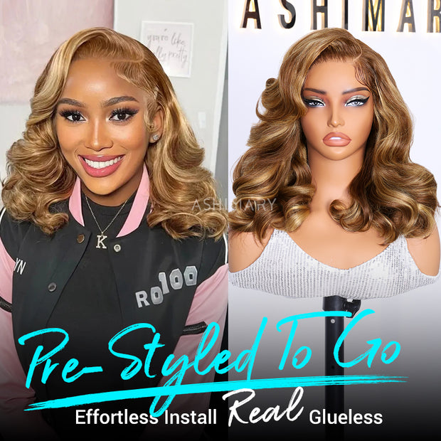 Blonde Highlight Pre-Styled Body Wave Ready To Go Glueless Layer Wavy Bob Wig With Baby Hair