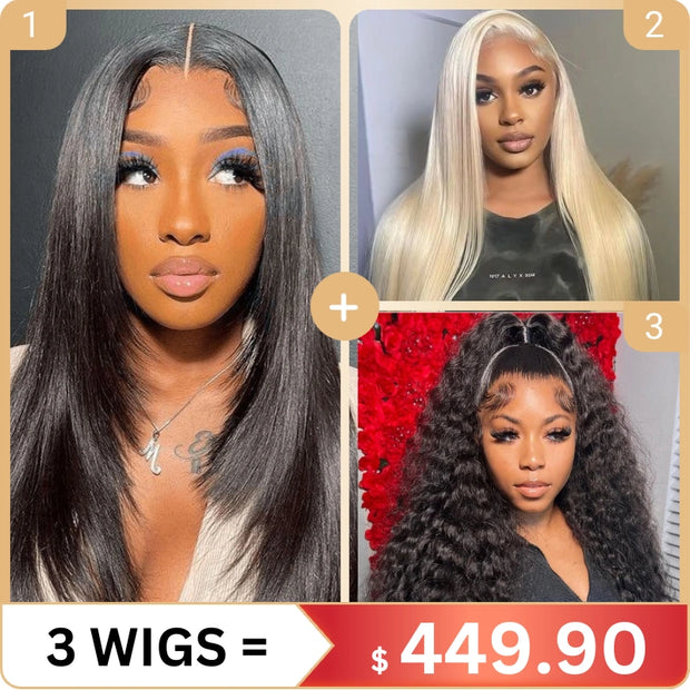 3 Wigs Set | 6x4.5 Pre-cut Lace Transparent Layer Yaki Straight Bob Wig + 13x6 Lace Blonde Straight Wig + 10x6 Pre-cut Lace Water Wave Wig