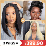 3 Wigs Set | 13x6 Lace Transparent Yaki Straight Wig with Pre-cut Bob Lace + Invisi Strap 360 Pre-cut Lace Kinky Curly Wig+ 5x5 Lace Blonde Straight Wig