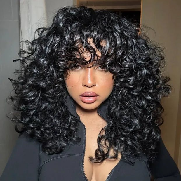 Bouncy Curl With Bangs Pull Go 3x1 Lace Natural Black Wig
