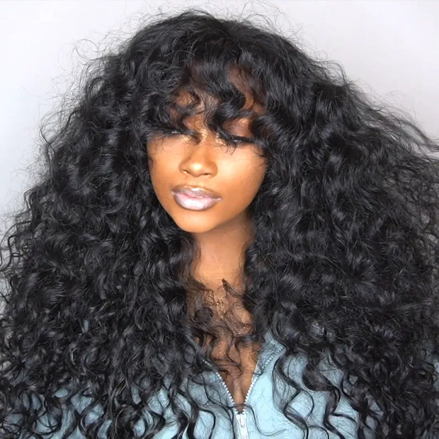 Bouncy Curl With Bangs Pull Go 3x1 Lace Natural Black Wig