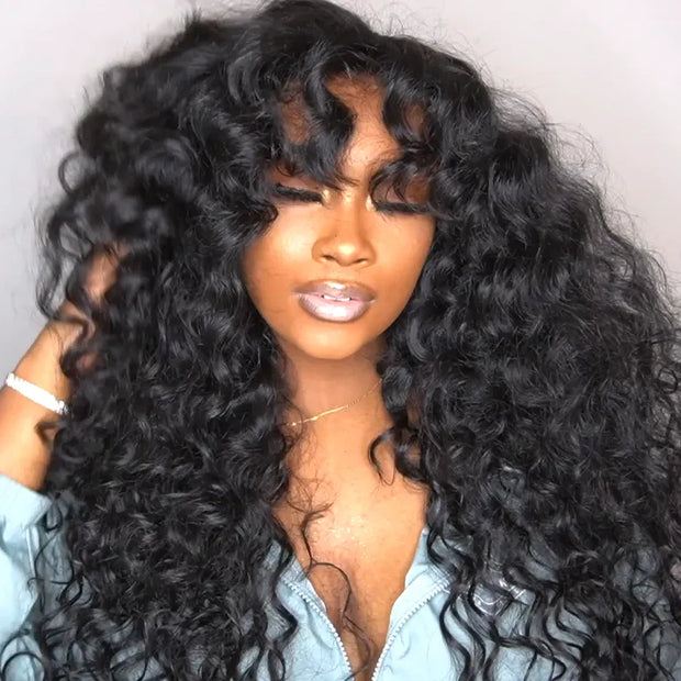 Bouncy Curl With Bangs Pull Go 3x1 Lace Natural Black Wig