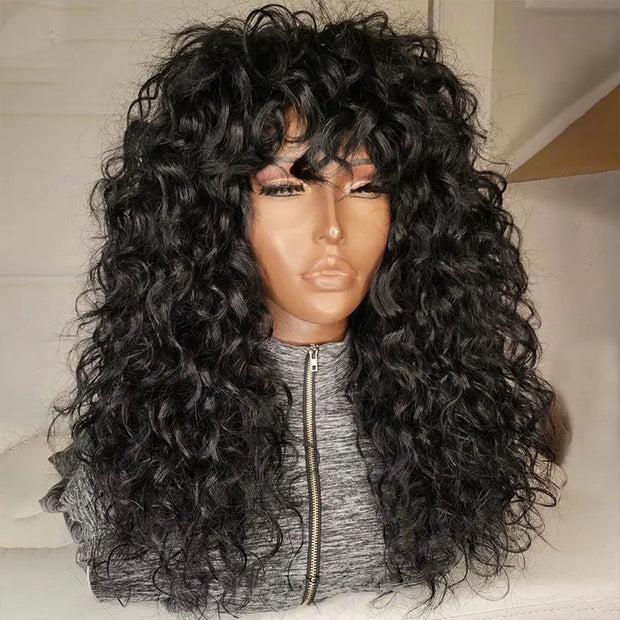 Bouncy Curl With Bangs Pull Go 3x1 Lace Natural Black Wig