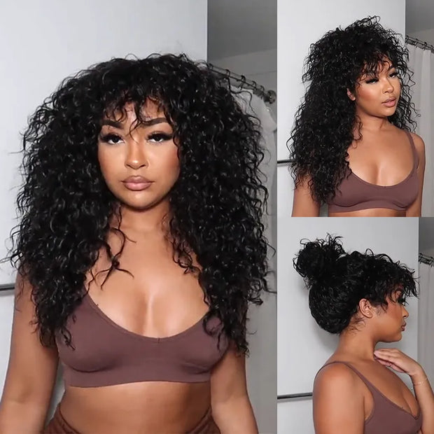 Bouncy Curl With Bangs Pull Go 3x1 Lace Natural Black Wig