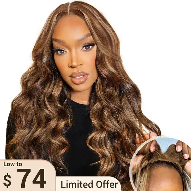 Trendy Ready to Wear Blonde Highlight Glueless Pre Cut Lace Body Wave Wigs with Pre Plucked Hairline & Bleached Knots