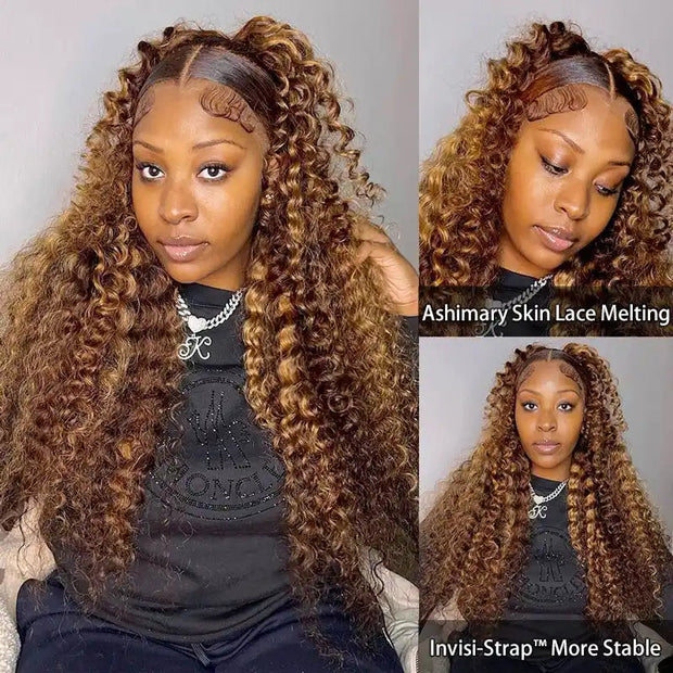 Flash Sale Invisi-Strap Snug Fit 360 HD Transparent Lace Water Wave Wig P4/27 Highlight Ombre Color Pre Plucked Hair