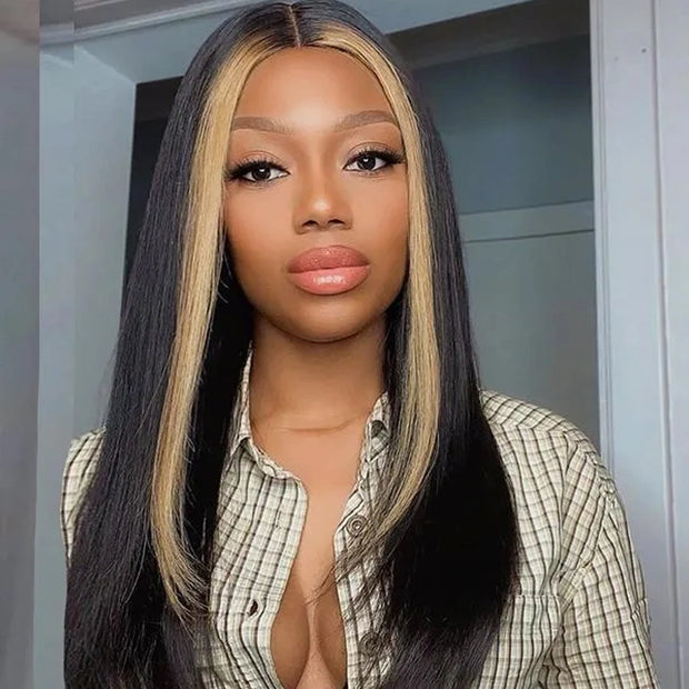 Honey Blonde Highlight Lace Wigs Skunk Stripe Hair 4x4 Closure Wig 180% Straight Brazilian Human Hair Wig