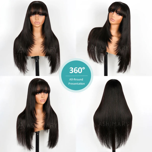 Layered Cut with Bangs 4x4 Transparent Lace Closure Wig Straight Human Hair 180% Density