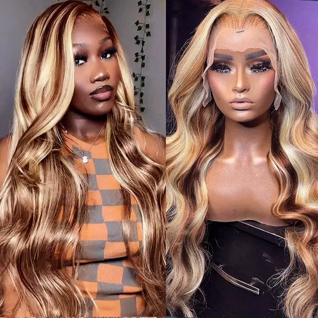 Customized Blonde Highlight on Reddish Brown Wig 13x6 Full Transparent Lace Front Wigs Ashimary Human Hair