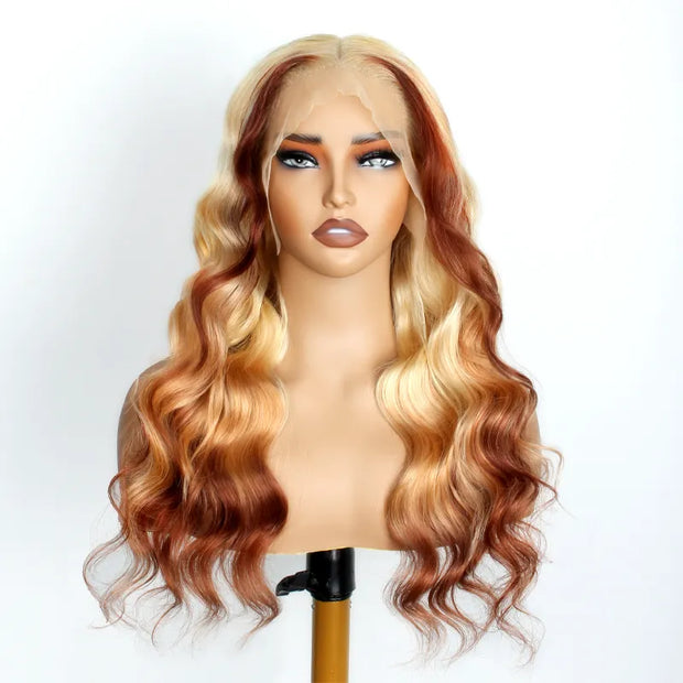 Ashimary Blonde Brown Ombre Human Hair 13x4 Lace Frontal Body Wave Wigs