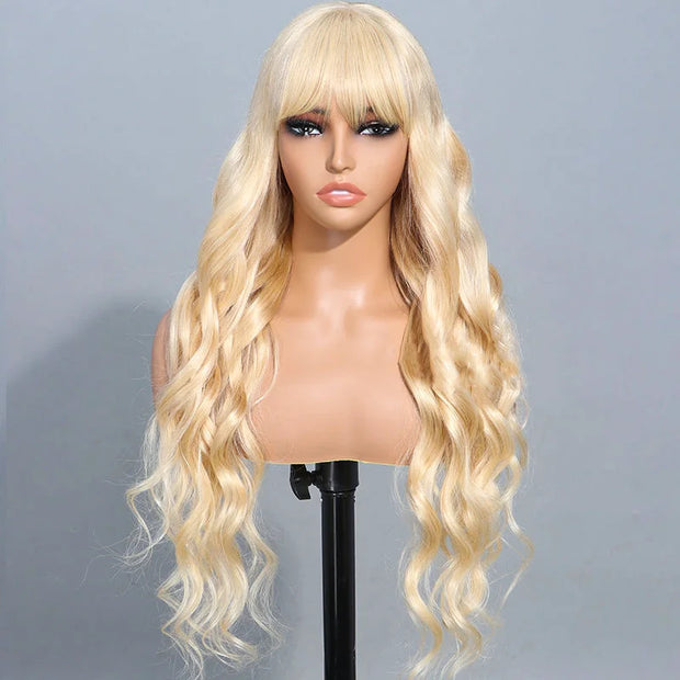 613 blonde straight HD lace frontal withpre-styled bangs human hair wig Ashimary.com