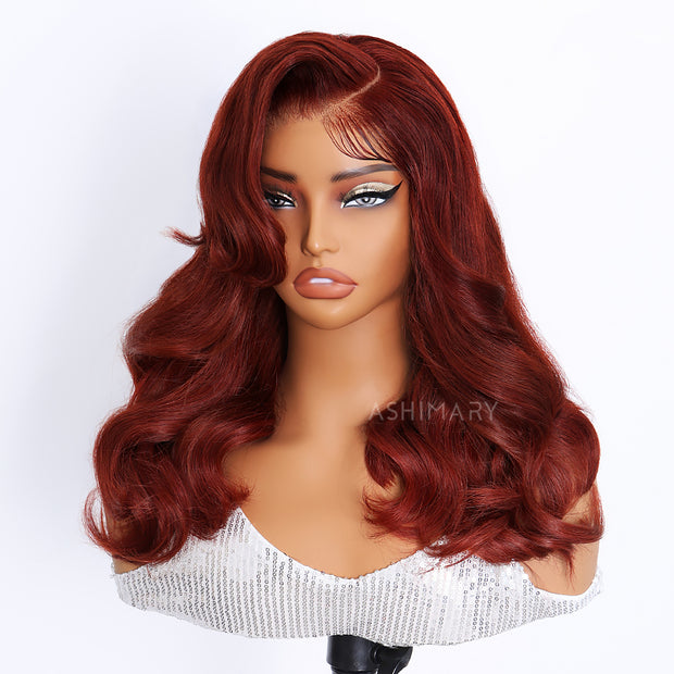 Reddish Brown Pre-Styled Body Wave Glueless Layer Wavy Bob Wig Transparent Lace Ready To Go Wigs