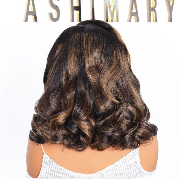 Honey Brown Highlight Pre-Styled Bouncy Body Wave Ready To Go Glueless Layer Wavy Bob Wig With Baby Hair