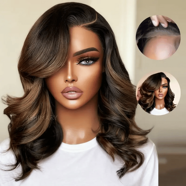 Honey Brown Highlight Pre-Styled Bouncy Body Wave Ready To Go Glueless Layer Wavy Bob Wig With Baby Hair