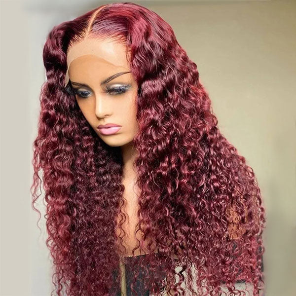 Deep Wave 99J Burgundy Curly Lace Frontal Human Hair Wig