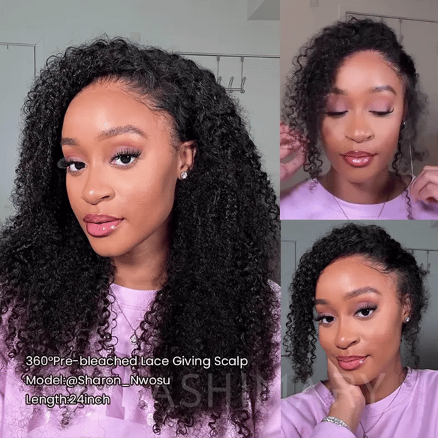 Kinky Curly Invisi Strap Snug Fit 360 Transparent Lace Frontal Bleached Knots Pre Cut Lace Wig