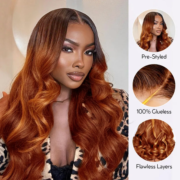 Ombre Ginger on Rich Brown Bocuncy Body Wave 6x4.5 Transparent Lace Glueless Wig Beginner Friendly