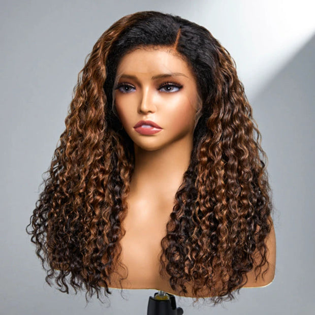 Ashimary 4C Edges Ombre Brown Deep Wave Kinky Edges 13x4 Transparent Lace Front Wig 100% Human Hair