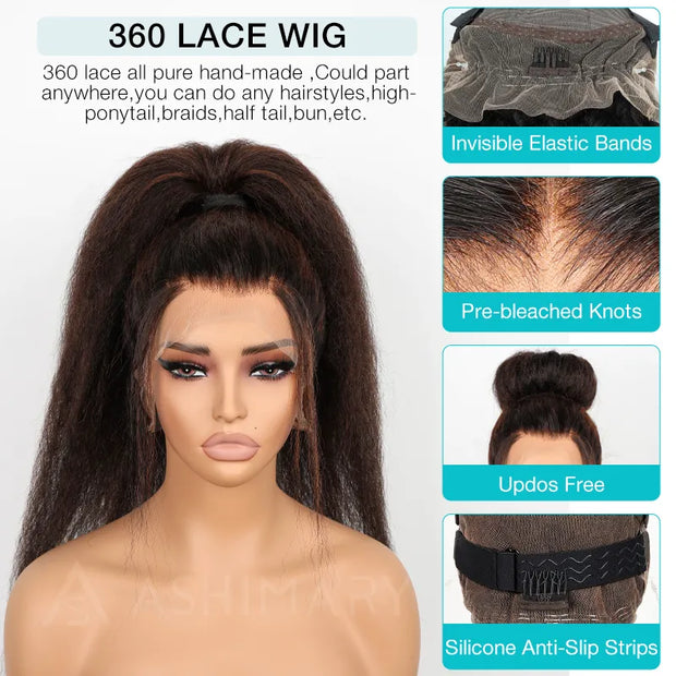 Highlight Kinky Straight Invisi-Strap 360 Skin Lace Frontal Glueless Wig Pre Everything Human Hair Wig