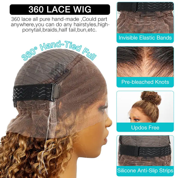 Water Wave Highlight Ombre Color Invisi-Strap™ Snug Fit 360 Skin Lace Frontal Wig Glueless Human Hair
