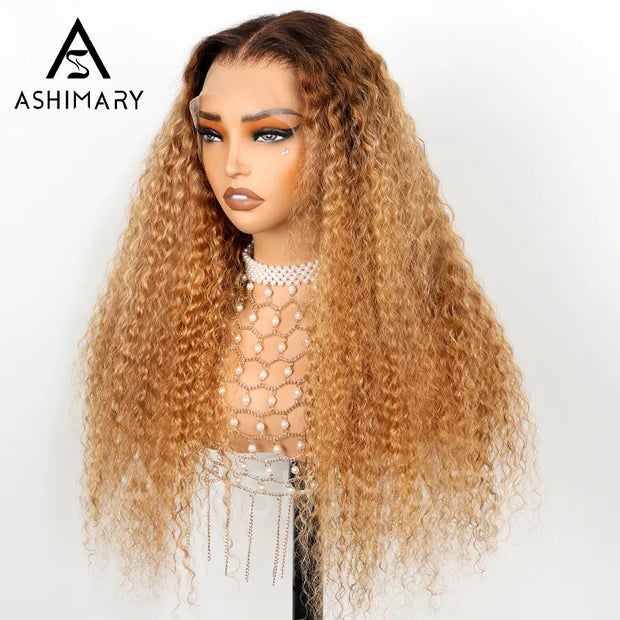 Water Wave Invisi-Strapa??360 Skin Lace Frontal Ombre Honey Light Brown Wig With Chocolate Dark Roots Pre Everything Glueless Wig