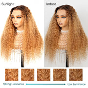 Water Wave Invisi-Strapa??360 Skin Lace Frontal Ombre Honey Light Brown Wig With Chocolate Dark Roots Pre Everything Glueless Wig