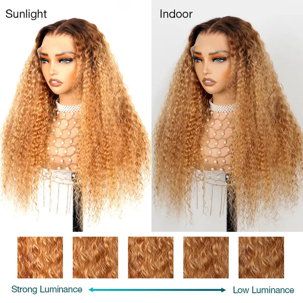 Water Wave Invisi-Strapa??360 Skin Lace Frontal Ombre Honey Light Brown Wig With Chocolate Dark Roots Pre Everything Glueless Wig