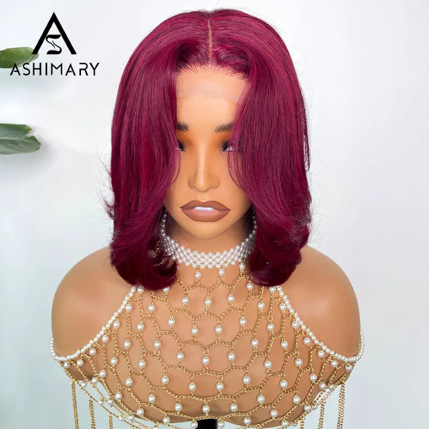 99J Burgundy Face Framing Blow Out Layers Cut Shoulder Length 4x4 Lace Frontal Straight Bob Wig Human Hair