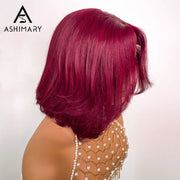 99J Burgundy Face Framing Blow Out Layers Cut Shoulder Length 4x4 Lace Frontal Straight Bob Wig Human Hair
