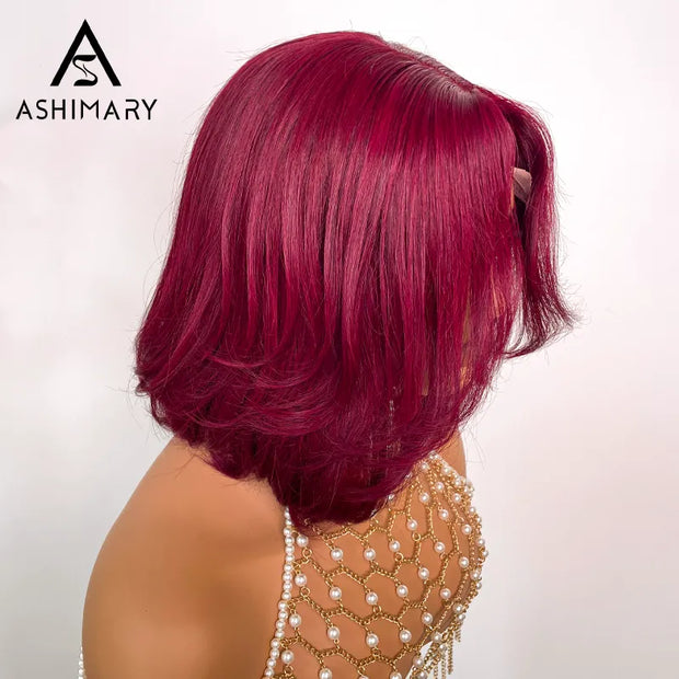 99J Burgundy Face Framing Blow Out Layers Cut Shoulder Length 4x4 Lace Frontal Straight Bob Wig Human Hair