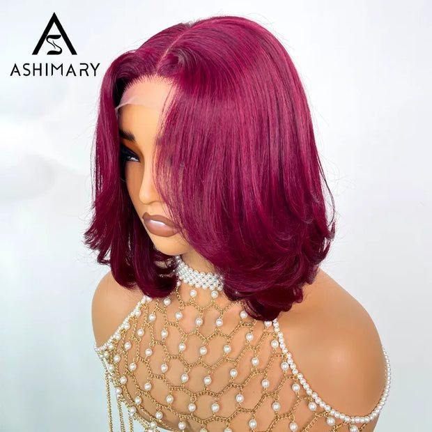 99J Burgundy Face Framing Blow Out Layers Cut Shoulder Length 4x4 Lace Frontal Straight Bob Wig Human Hair