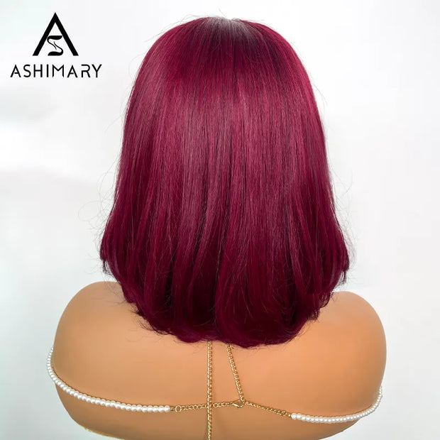 99J Burgundy Face Framing Blow Out Layers Cut Shoulder Length 4x4 Lace Frontal Straight Bob Wig Human Hair