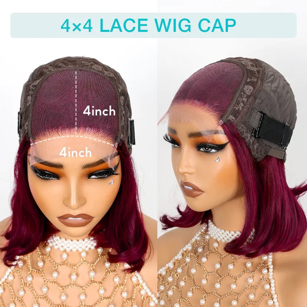 99J Burgundy Face Framing Blow Out Layers Cut Shoulder Length 4x4 Lace Frontal Straight Bob Wig Human Hair