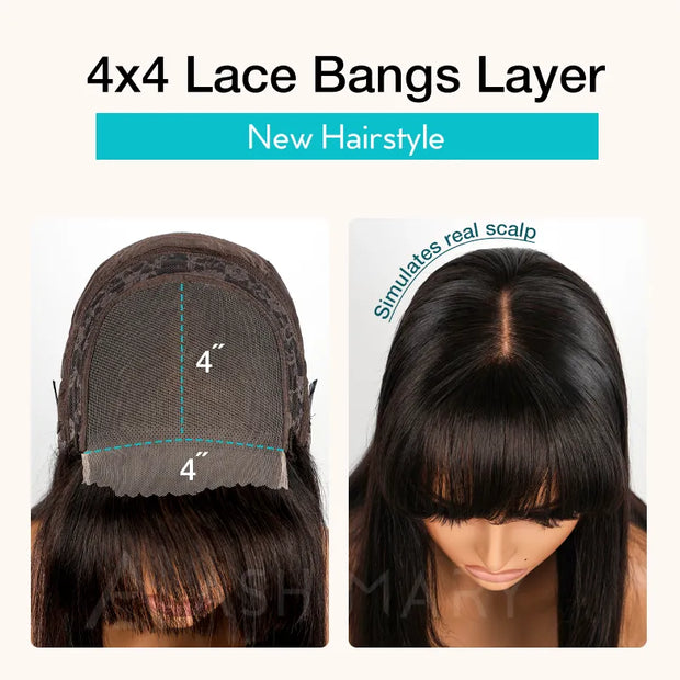 Layered Cut with Bangs 4x4 Transparent Lace Closure Wig Straight Human Hair 180% Density