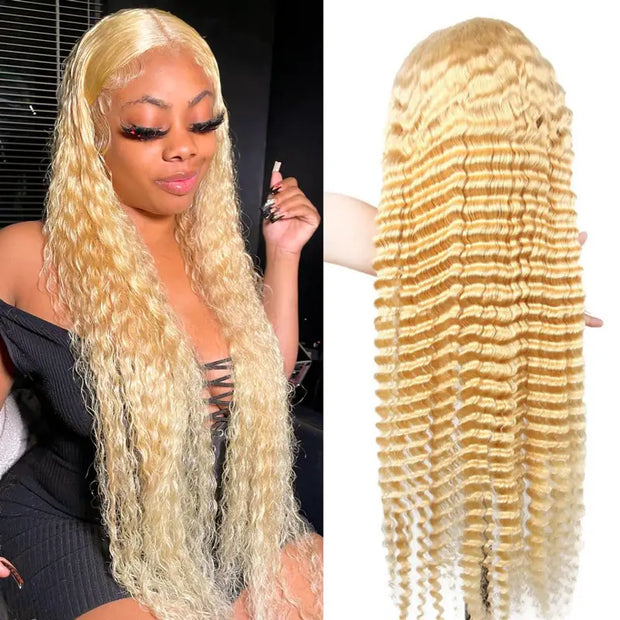 5x5 Lace Closure Blonde 613 Deep Wave Human Hair Wig Pre-Plucked Melting Transparent Lace