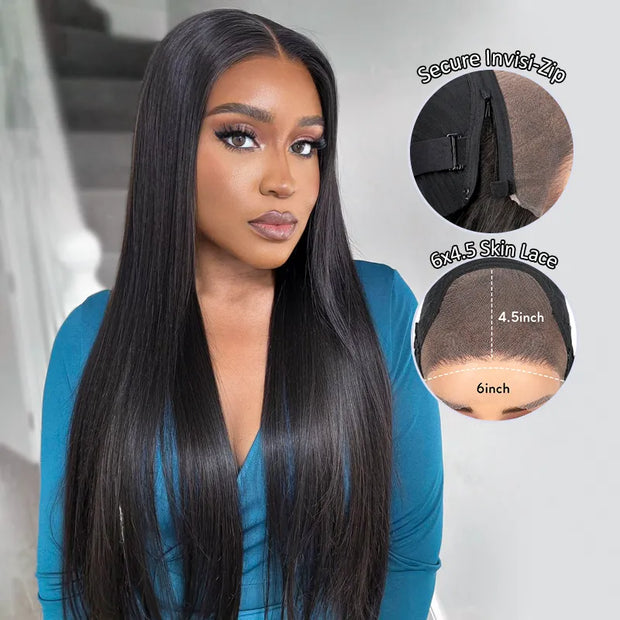 6x4.5 Lace Closure PairUp Magic Lace Wig Silky Straight Pre-Cut Lace Wig With Optional Replaceable Zip Lace Top
