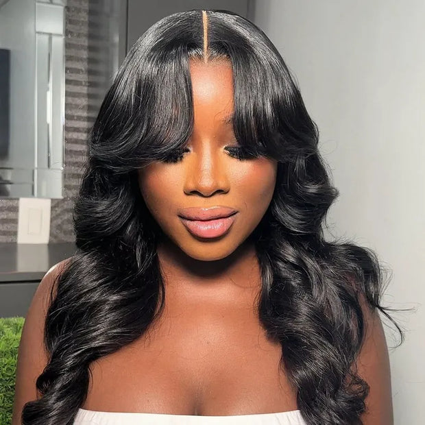 Ashimary Clip In Curtain Bang Hairstyles with Temples Melt Lace Natural Black Human Hair Extension 