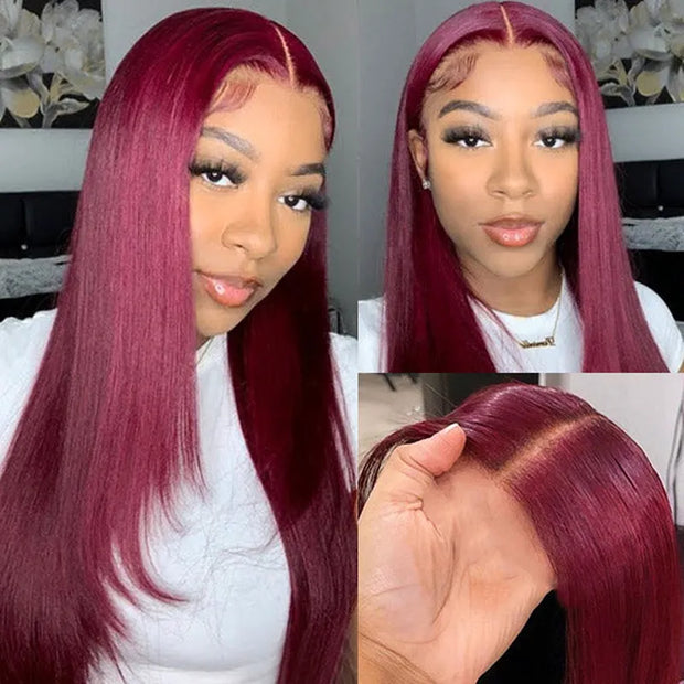 Ashimary Layered Wig Straight Hair 99J Burgundy 13x4 Transparent Lace Frontal Human Hair Wigs