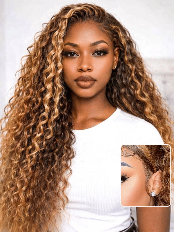 Honey Blonde Highlight Water Wave Pull Go 13x6 Full Skin Lace Wig Tiny Knots Glueless Wig
