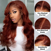 Upgrade Reddish Brown 3D Body Wave Invisi-Strap Laid Flat 360 Skin Lace Frontal Pre-Bleached Knots Put On & Go Wig