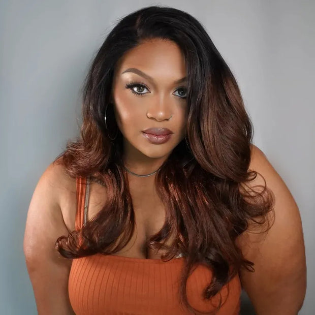 Kinky Body Black Brown Ombre Invisi Strap 360 Skin Lace Frontal Glueless Lay Flat Human Hair Wig