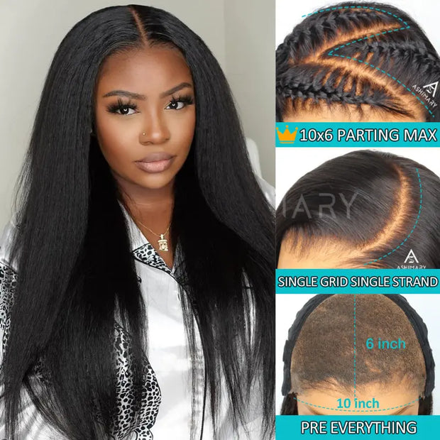 Kinky Straight 10x6 Parting Max Transparent Lace Wear and Go Bleached Knots Pre Cut Lace Wig Ashimary