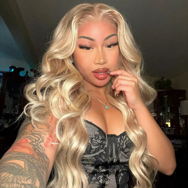 Layered Cut Salon Hairstyles Customized Blonde Balayage on Brown Hair Body Wave 13x4 Transparent Lace Front Curtain Bangs Wig 