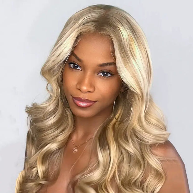 Layered Cut Salon Hairstyles Customized Blonde Balayage on Brown Hair Body Wave 13x4 Transparent Lace Front Curtain Bangs Wig 