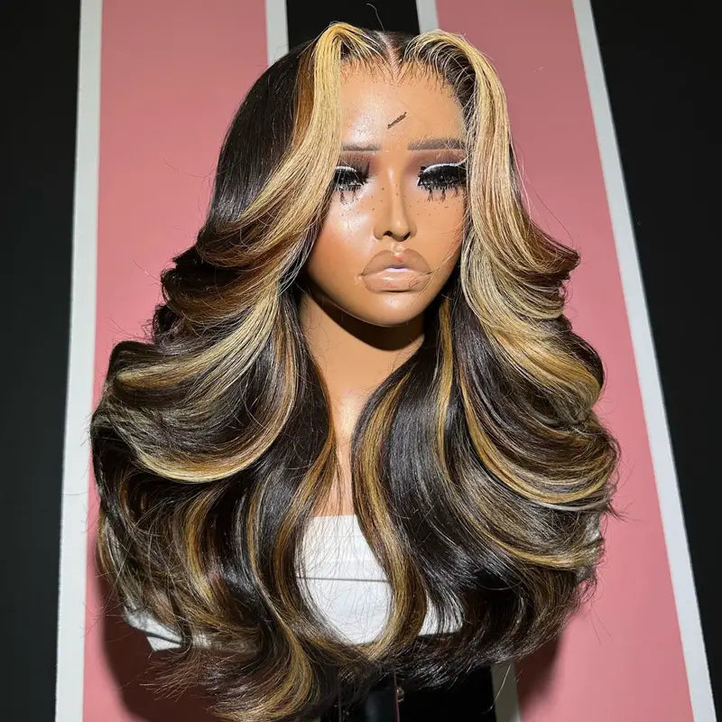 Layered wig Blonde Highlight Curtain Bangs Body Wave Wigs 13x6 HD Lace  main image 2