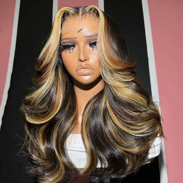 Layered Cut Salon Hairstyles Highlight Color Body Wave 13x4 Transparent Lace Front Wig Curtain Bangs 100% Human Hair