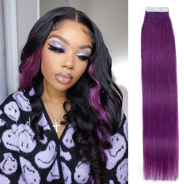 Peel & Tape Reusable Purple Peekaboo Balayage Highlight Human Hair Extension Long Silky Straight Hair Easy Tape Ins 10Pcs/25g