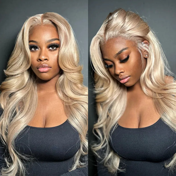 Ash Blonde Salon Layered Cut Blowout Hairstyles 13x4 Transparent Lace Frontal Body Wave Human Hair Wig